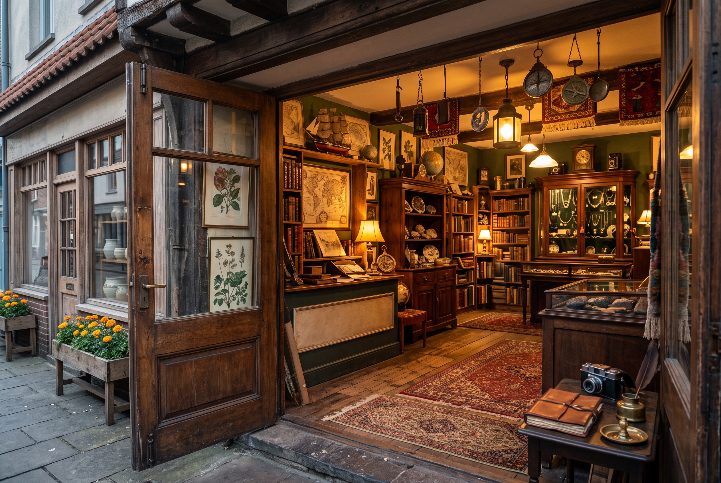 A warm old shopfront with the door open and shelves of books, maps, and handmade objects inside.